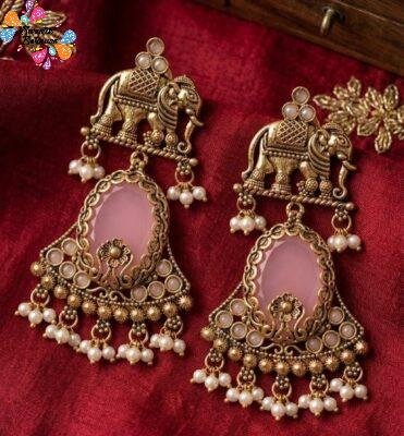 Premium Elephant Designer Rose Pink Stone With White Pearl Oxidised Gold Earrings