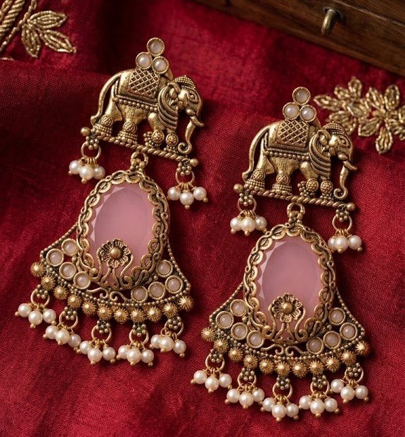 Premium Elephant Designer Rose Pink Stone With White Pearl Oxidised Gold Earrings Premium Elephant Designer Rose Pink Stone With White Pearl Oxidised Gold Earrings
