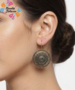Green Stone Floral Designer Oxidised Gold Earrings Green Stone Floral Designer Oxidised Gold Earrings
