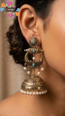 Premium Lotus Designer Light Blue Stone With White Pearl Oxidised Gold Jhumkha