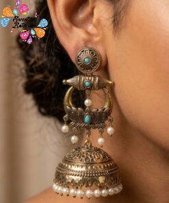 Premium Lotus Designer Light Blue Stone With White Pearl Oxidised Gold Jhumkha