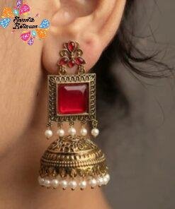 Premium Floral Designer Red Stone With White Pearl Oxidised Gold Jhumkha