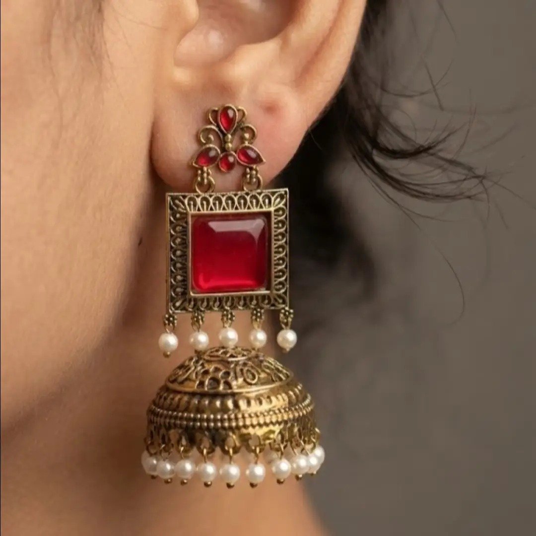 Premium Floral Designer Red Stone With White Pearl Oxidised Gold Jhumkha Premium Floral Designer Red Stone With White Pearl Oxidised Gold Jhumkha