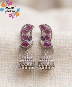 Peacock Designer Pink Stone Oxidised Silver Jhumkha