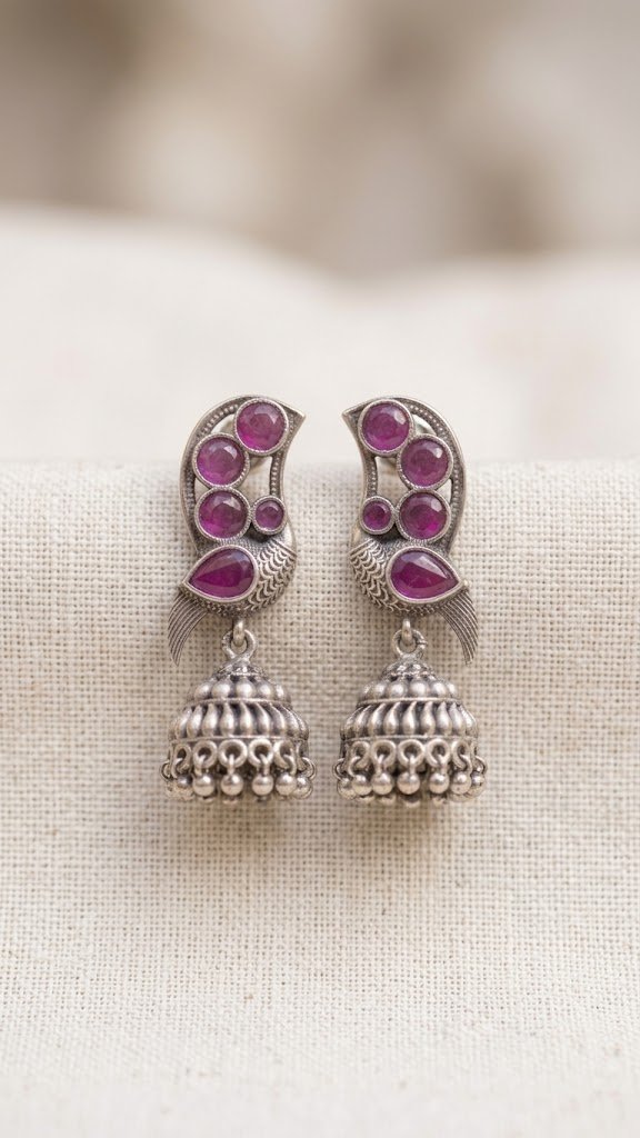 Peacock Designer Pink Stone Oxidised Silver Jhumkha Peacock Designer Pink Stone Oxidised Silver Jhumkha