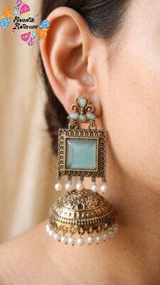 Premium Floral Designer Sky Blue  Stone With White Pearl Oxidised Gold Jhumkha