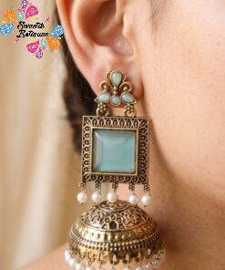 Premium Floral Designer Sky Blue Stone With White Pearl Oxidised Gold Jhumkha