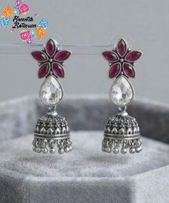 Flower Designer Pink With White Stone Oxidised Silver Jhumkha Flower Designer Pink With White Stone Oxidised Silver Jhumkha