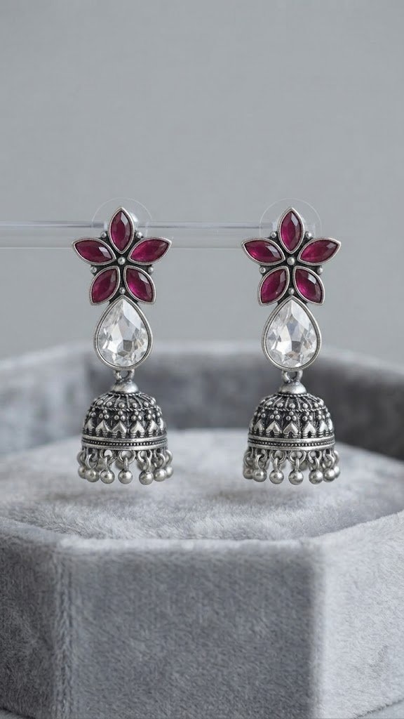 Flower Designer Pink With White Stone Oxidised Silver Jhumkha Flower Designer Pink With White Stone Oxidised Silver Jhumkha - Image 2