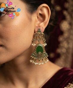 Premium Elephant Designer Green Stone With White Pearl Oxidised Gold Earrings