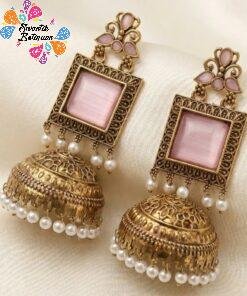 Premium Floral Designer Rose Pink Stone With White Pearl Oxidised Gold Jhumkha
