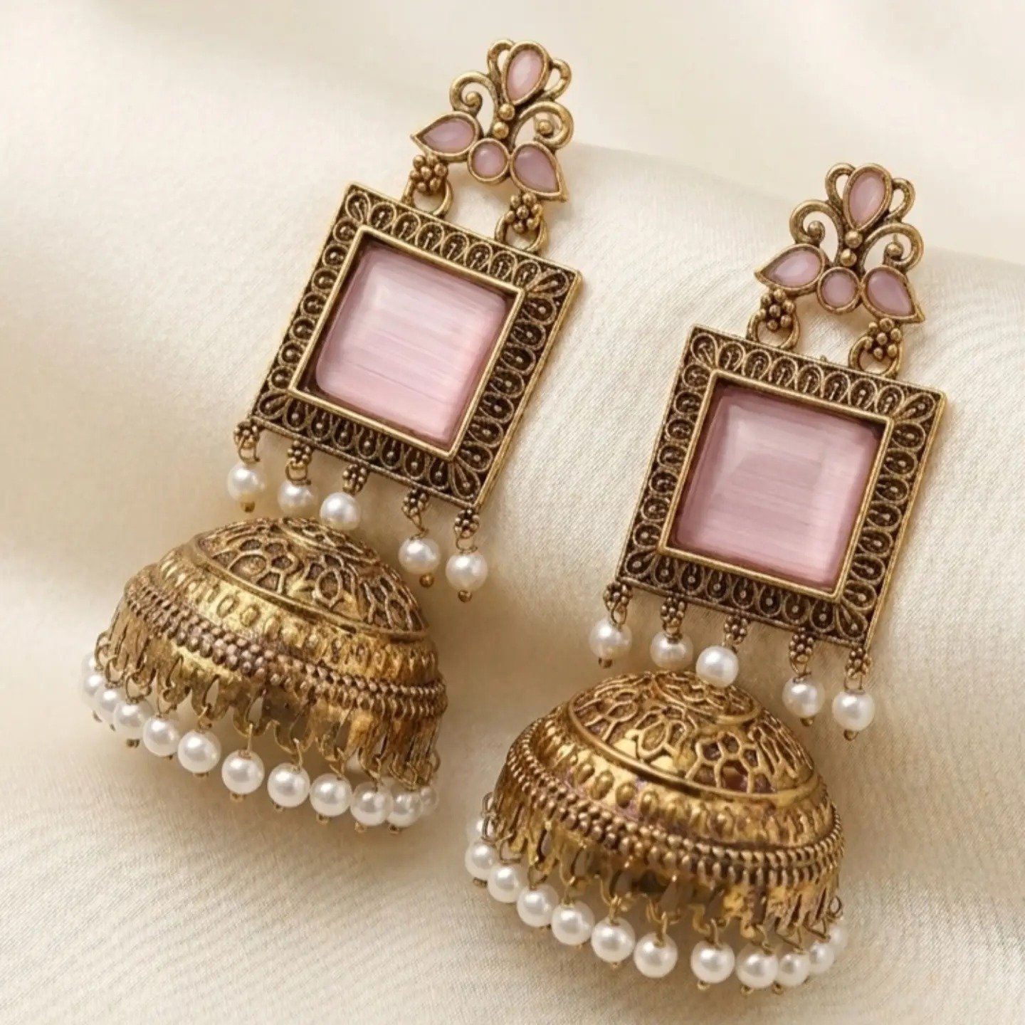 Premium Floral Designer Rose Pink Stone With White Pearl Oxidised Gold Jhumkha Premium Floral Designer Rose Pink Stone With White Pearl Oxidised Gold Jhumkha