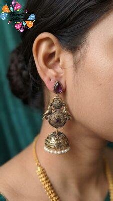 Premium Bird Designer Purple Stone With White Pearl Oxidised Gold Jhumka
