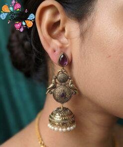 Premium Bird Designer Purple Stone With White Pearl Oxidised Gold Jhumka