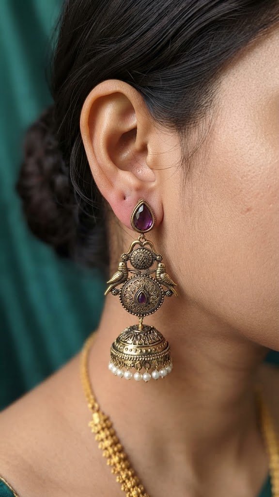 Premium Bird Designer Purple Stone With White Pearl Oxidised Gold Jhumka Premium Bird Designer Purple Stone With White Pearl Oxidised Gold Jhumka