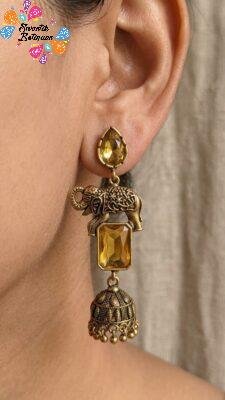 Premium Elephant Designer Yellow Stone Oxidised Gold Jhumka
