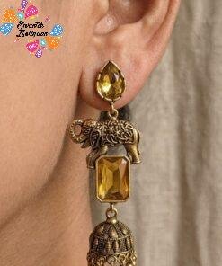 Premium Elephant Designer Yellow Stone Oxidised Gold Jhumka
