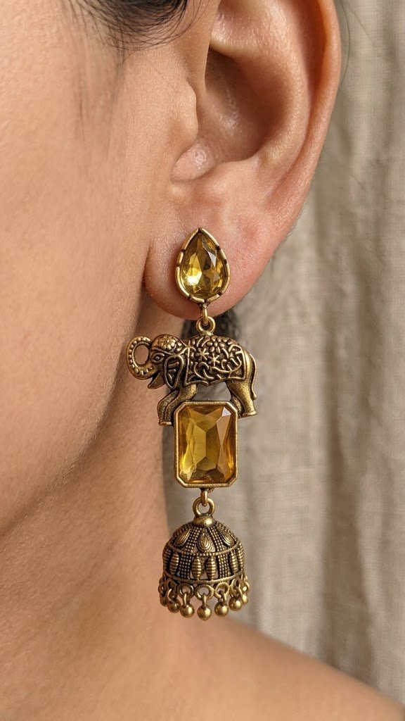Premium Elephant Designer Yellow Stone Oxidised Gold Jhumka Premium Elephant Designer Yellow Stone Oxidised Gold Jhumka