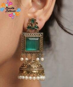 Premium Floral Designer Peacock Green Stone With White Pearl Oxidised Gold Jhumkha
