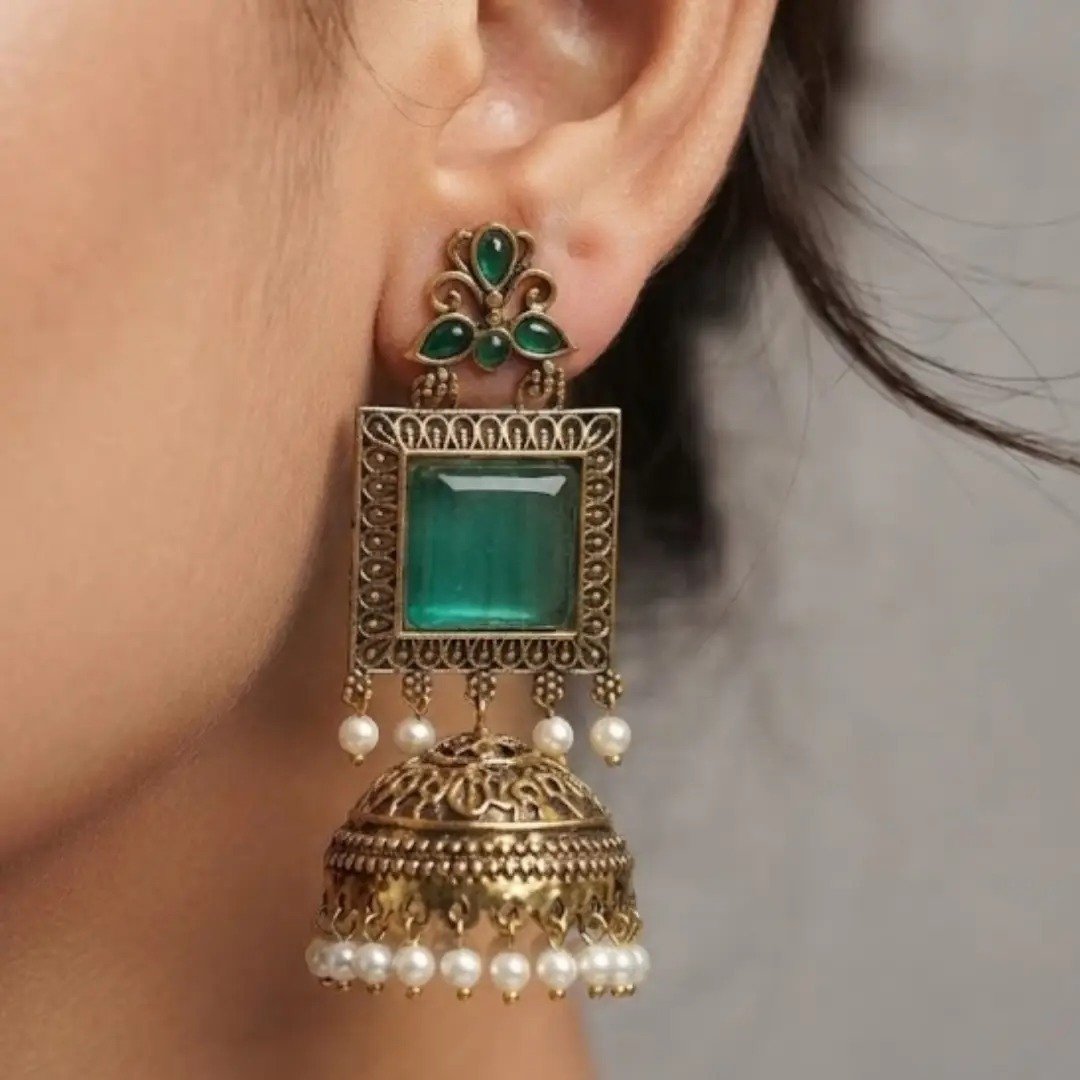 Premium Floral Designer Peacock Green Stone With White Pearl Oxidised Gold Jhumkha Premium Floral Designer Peacock Green Stone With White Pearl Oxidised Gold Jhumkha