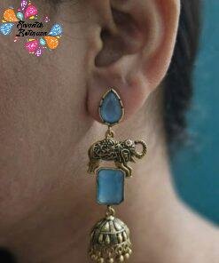 Premium Elephant Designer Blue Stone Oxidised Gold Jhumka