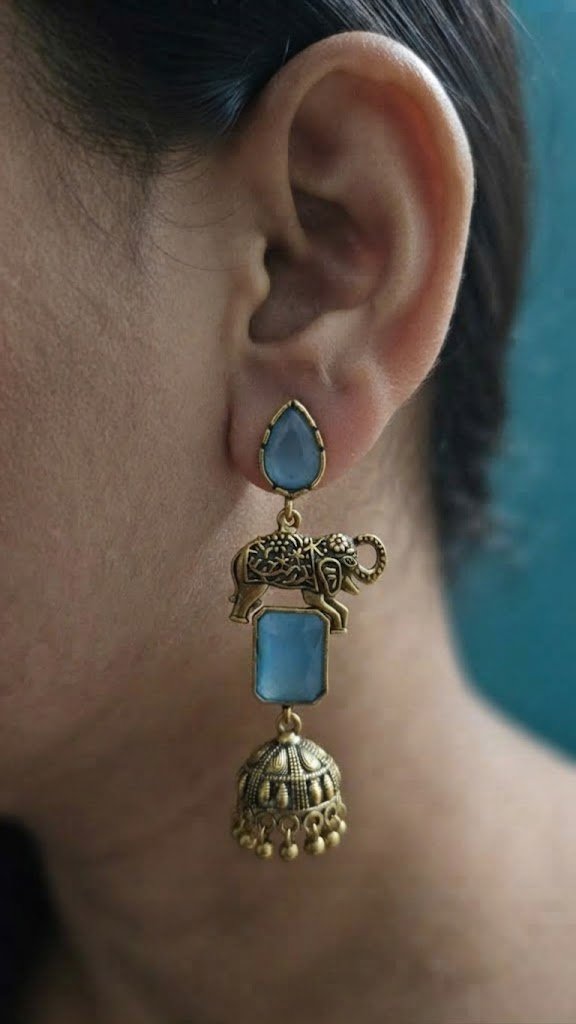 Premium Elephant Designer Blue Stone Oxidised Gold Jhumka Premium Elephant Designer Blue Stone Oxidised Gold Jhumka
