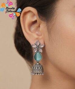 Flower Designer Rose Pink And Blue Stone Mixed Oxidised Silver Jhumkha