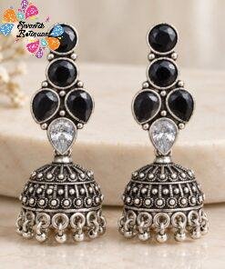Black With White Stone Mixed Oxidised Silver Jhumkha