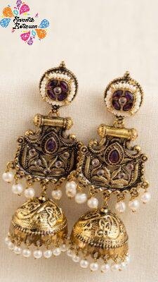 Premium Floral Designer Purple Stone With White Pearl Oxidised Gold Jhumka