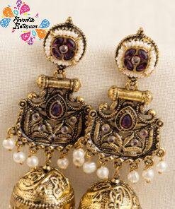 Premium Floral Designer Purple Stone With White Pearl Oxidised Gold Jhumka