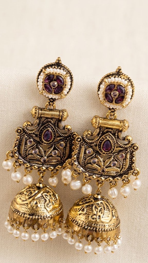 Premium Floral Designer Purple Stone With White Pearl Oxidised Gold Jhumka Premium Floral Designer Purple Stone With White Pearl Oxidised Gold Jhumka