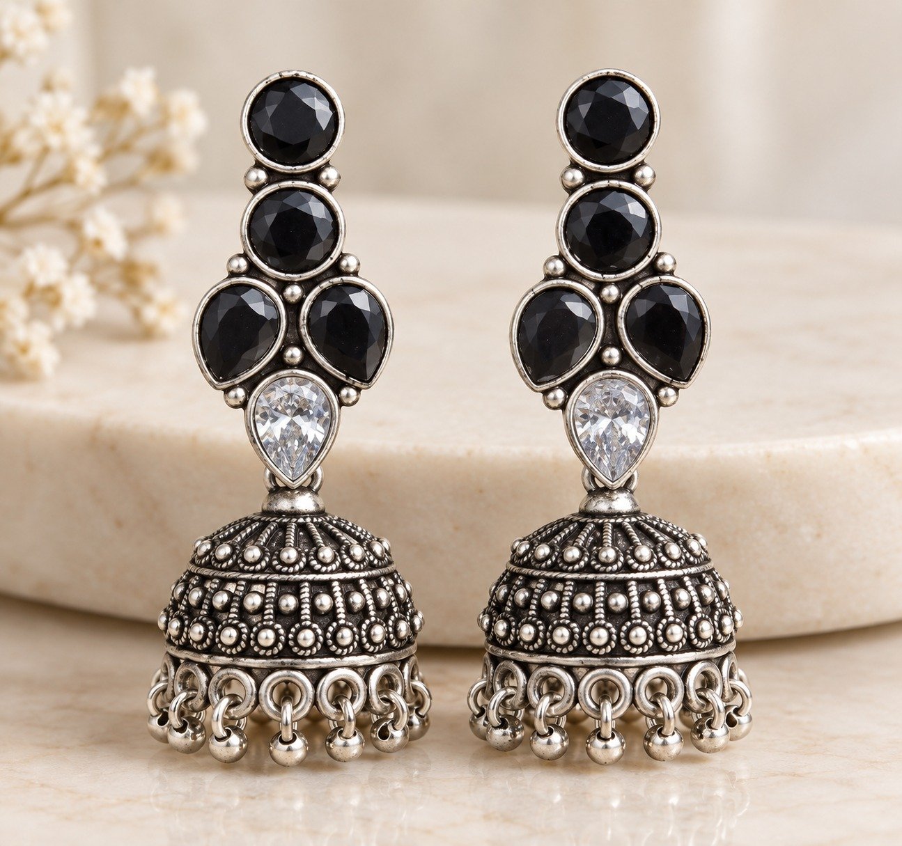 Black With White Stone Mixed Oxidised Silver Jhumkha Black With White Stone Mixed Oxidised Silver Jhumkha