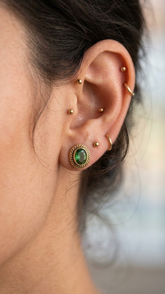 Green Stone With Stud Type Oxidised Gold Earrings Green Stone With Stud Type Oxidised Gold Earrings