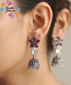 Flower Designer Pink With White Stone Oxidised Silver Jhumkha