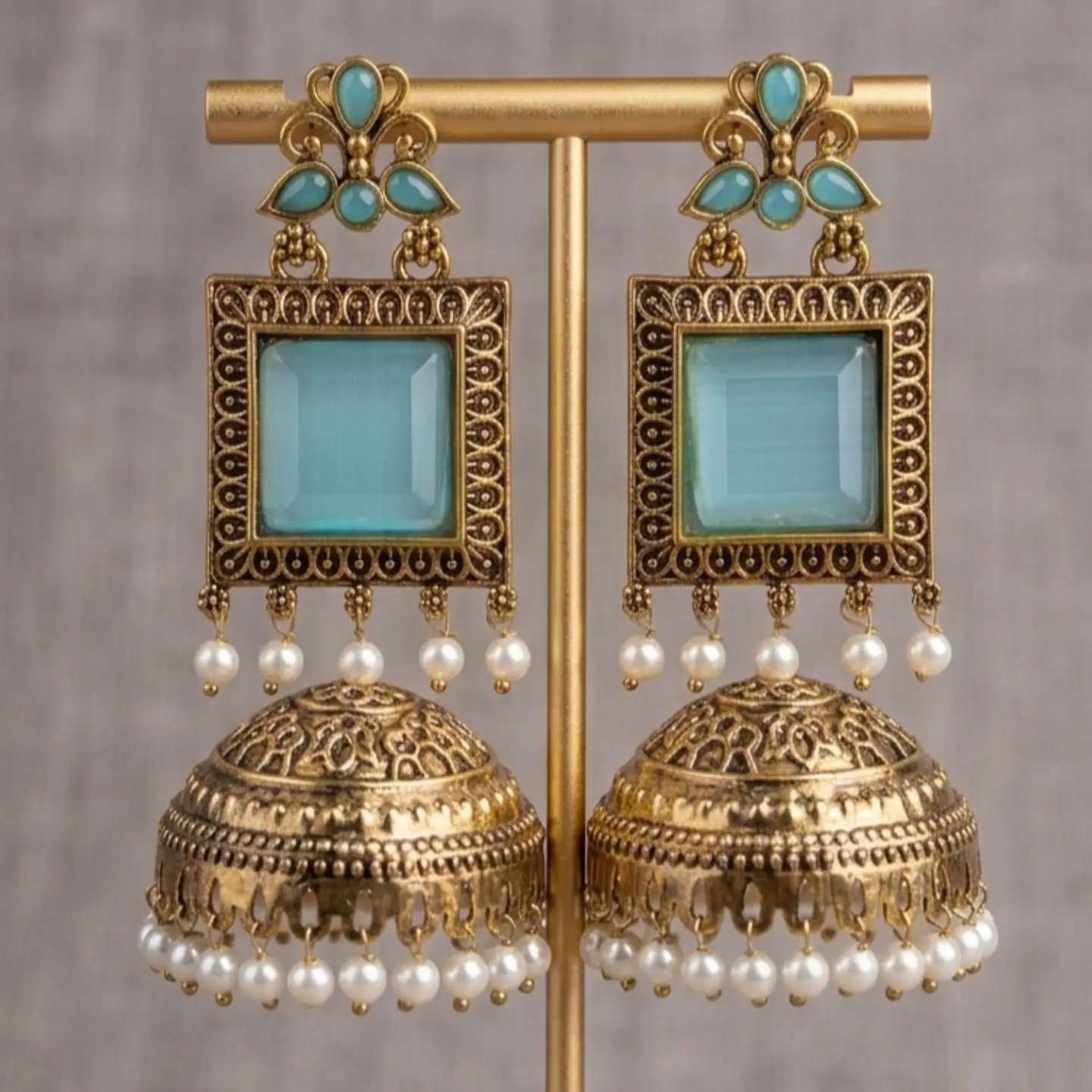Premium Floral Designer Sky Blue Stone With White Pearl Oxidised Gold Jhumkha Premium Floral Designer Sky Blue Stone With White Pearl Oxidised Gold Jhumkha - Image 2