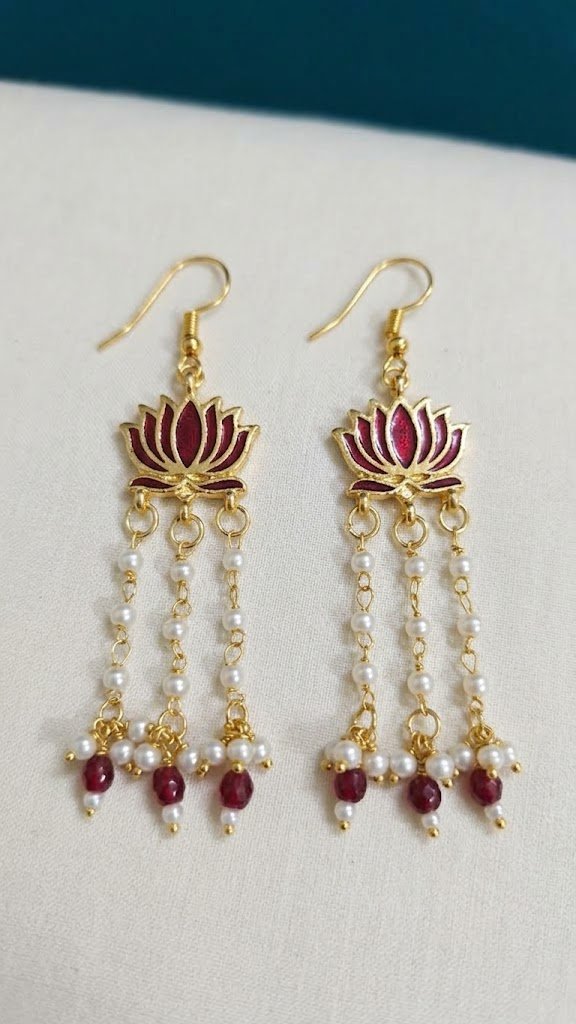 Deep Maroon Lotus Designer Meenakari Earrings Deep Maroon Lotus Designer Meenakari Earrings