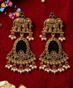 Premium Elephant Designer Black Stone With White Pearl Oxidised Gold Earrings