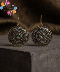 Green Stone Floral Designer Oxidised Gold Earrings
