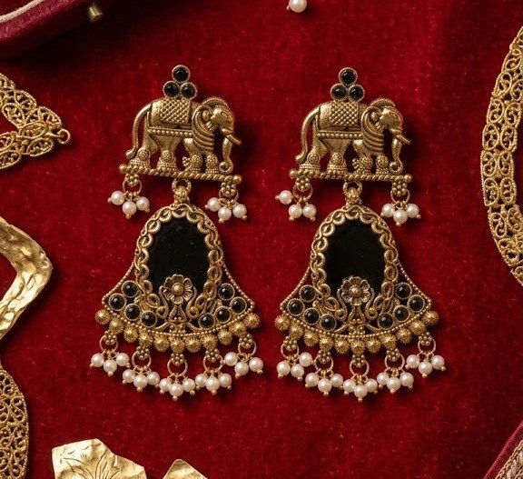 Premium Elephant Designer Black Stone With White Pearl Oxidised Gold Earrings Premium Elephant Designer Black Stone With White Pearl Oxidised Gold Earrings