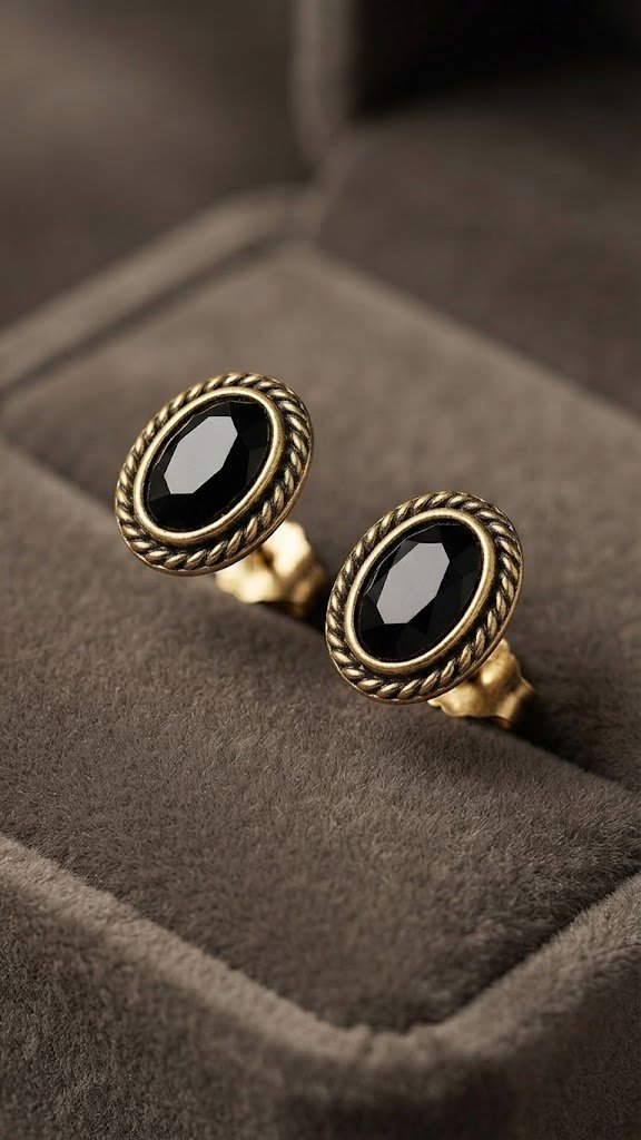 Black Stone With Stud Type Oxidised Gold Earrings Black Stone With Stud Type Oxidised Gold Earrings