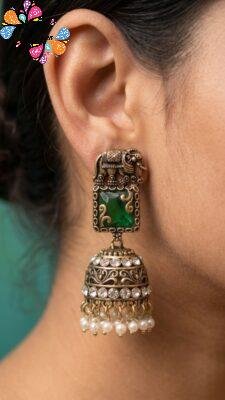 Premium Elephant Designer Green And White Stone With White Pearl Oxidised Gold Jhumka