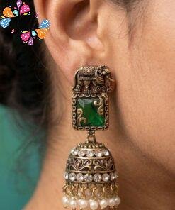Premium Elephant Designer Green And White Stone With White Pearl Oxidised Gold Jhumka