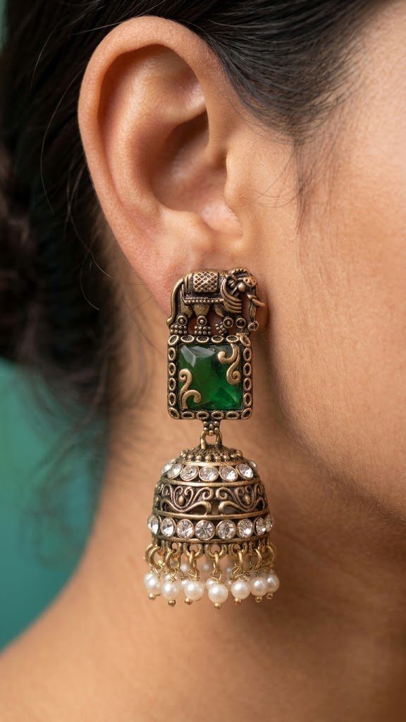 Premium Elephant Designer Green And White Stone With White Pearl Oxidised Gold Jhumka Premium Elephant Designer Green And White Stone With White Pearl Oxidised Gold Jhumka