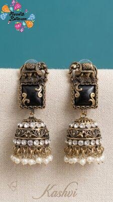 Premium Elephant Designer Black And White Stone With White Pearl Oxidised Gold Jhumka