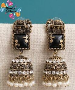 Premium Elephant Designer Black And White Stone With White Pearl Oxidised Gold Jhumka