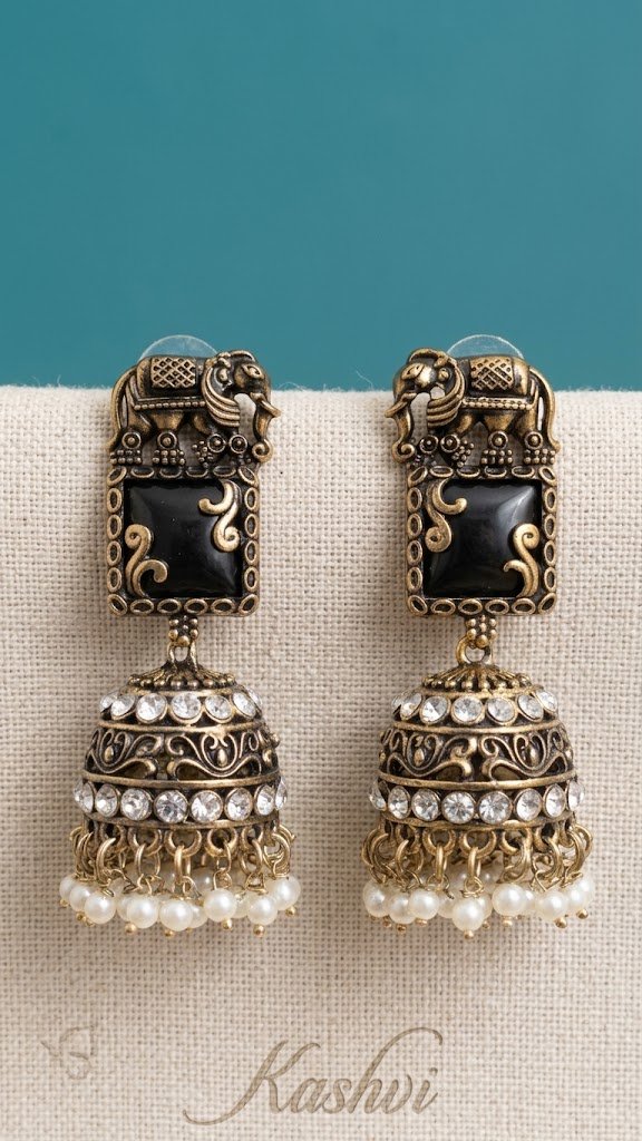 Premium Elephant Designer Black And White Stone With White Pearl Oxidised Gold Jhumka Premium Elephant Designer Black And White Stone With White Pearl Oxidised Gold Jhumka