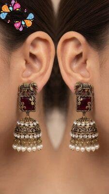 Premium Elephant Designer Red And White Stone With White Pearl Oxidised Gold Jhumka