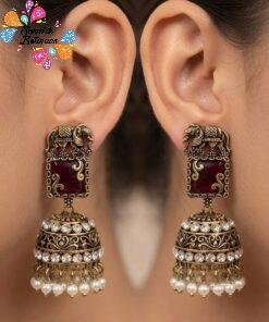 Premium Elephant Designer Red And White Stone With White Pearl Oxidised Gold Jhumka