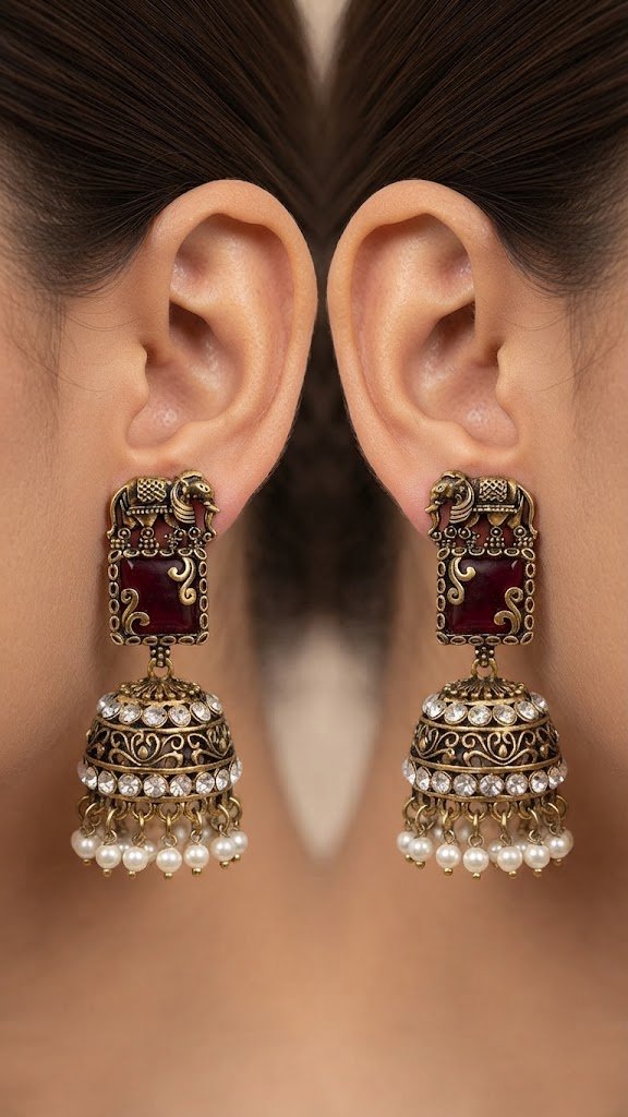 Premium Elephant Designer Red And White Stone With White Pearl Oxidised Gold Jhumka Premium Elephant Designer Red And White Stone With White Pearl Oxidised Gold Jhumka