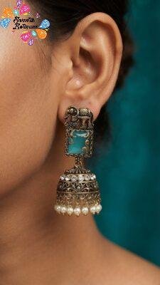 Premium Elephant Designer Light Blue And White Stone With White Pearl Oxidised Gold Jhumka